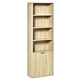 HOMCOM Estantería Librería Armario de Libros con 4 Compartimentos Abiertos y 2 Puertas para Salón Estudio Oficina Carga 80 kg 59x29x180 cm Natural