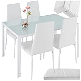 tectake® conjunto mesa y sillas de comedor, mesa con tablero cristal seguridad y 4 sillas cocina tapizadas cuero sintético, estructura acero, sillas comedor, set muebles de cocina - Blanco