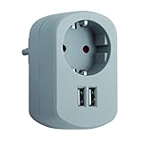 SIMON - Adaptador Combi, Adaptador de Viaje con Toma Schuko 16A y 2 Enchufes USB, Adaptador Corriente de Carga de Pared, Ladrón USB, Color Gris Ceniza