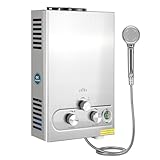 Calentador de agua sin tanque de propano, 1.6 GPM, 7 L, portátil para exteriores, para casas rodantes, caravanas, remolques, cabañas, graneros y uso en terrenos, color plateado