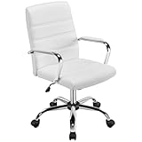 Yaheetech Silla Giratoria de Oficina Sillón de Trabajo con Respaldo Tapizado Asiento Sintético Altura Ajustable Blanco