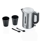 SEVERIN - Hervidor de agua de viaje, 0.5 L, 1.100 W, tensión conmutable 115/230 voltios, 2 tazas de plástico y 2 cucharas, Acero Inoxidable Cepillado, Negro WK 3647