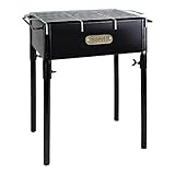 Algon | Barbacoa de Hierro Artesanal con Ruedas Parrilla Zincada Rectangular para Carbón y Leña | Barbacoa Ajustable en 5 Niveles Protector de Viento y Superficie Lateral de Madera (33x22 cm)