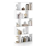 COSTWAY Librería con 6 Niveles, Librería con Forma de S con Dispositivo Antivuelco, Estante de Madera con Forma de Z para Libros Fotos y Plantas, Estante Decorativo (5 Niveles Blanco)