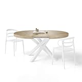 MOBILI FIVER, Mesa Redonda Extensible Emma 120-160 cm en Color Encina con Patas Cruzadas Blancas, para 4-6 Personas, Mesa Extensible de Comedor, Mesa Cocina, Salon, Made In Italy