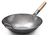 Craft Wok Wok de acero al carbono martillado a mano plano con mango auxiliar de madera y acero (14 pulgadas, parte inferior plana) / 731W316