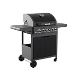 sweeek - Barbacoa de gas Edmond negra, 4 quemadores + 1 fuego lateral, con termómetro, L 122 x P 62 x H 143 cm.