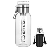 Shengxi Botella de Agua de 1 Litro, Botella de agua Transparente con Filtro de Acero Inox sin BPA, Botella de Agua en Vidrio de Borosilicato con Bolsa de Botella de Agua Portátil