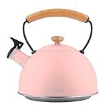 briebe Retro Tetera Inducción Silbante 2,3L, Infusiones, Hervidor de Agua Acero Inoxidable, Todo Tipo de Cocinas, Vitrocerámica, Gas, Mango Madera Tacto Frío, Diseño Vintage, Tea Pot, Rosa Pastel