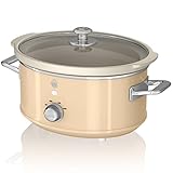 Swan Retro SF17021CNEU Olla Cocción Lenta 3,5L Recipiente Extraíble, Antiadherente Cerámica libre PFOA y PTFE, 3 Niveles Temperatura, Tapa Vidrio, Slow Cooker, Diseño Vintage, Crema, 200W