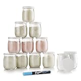 Monboco | Juego de 12 Vasos yogurtera de cristal con tapa hermética | para yogurtera y robot de cocina (thermomix, etc) | 142 ML / 125G | Un bolígrafo borrable de cortesía