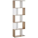HOMCOM Estantería Librería de 5 Niveles Estantería de Madera Estantería para Libros en Forma de S Diseño Moderno para Salón Oficina 60x24x184,5 cm Blanco y Madera
