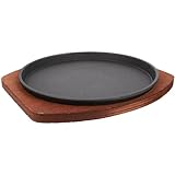 HOLIDYOYO Placa de Hierro Fundido Antiadherente para Parrilla Familiar Redonda para Cocina Casera Restaurantes para Asar Carne Verduras Desayunos Base de Madera Incluida Duradero Fácil Limpieza 19cm