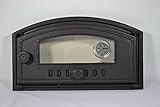 SEZAM Puerta de horno de hierro fundido con termómetro 500 °C, cristal resistente al calor, apertura a la derecha, puerta para pizza, horno de pan, 48,5 x 6,5 x 27,5 cm, semicircular, pintura negra