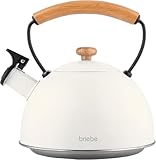 briebe Nordic Tetera Inducción Silbante 2,3L, Infusiones, Hervidor de Agua Acero Inoxidable, Todo Tipo de Cocinas, Vitrocerámica, Gas, Mango Madera Tacto Frío, Tea Pot, Blanco