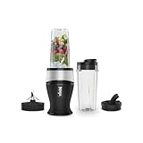 Ninja Slim Batidora de vaso para smoothies, 7 W, 2 vasos de 47 ml con tapa con boquilla, batidora individual, tritura hielo y fruta congelada, en plateado y negro, QB31EUS