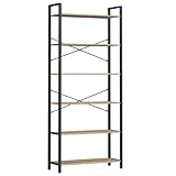 VASAGLE Estantería Alta de 6 Niveles, Librería con Marco de Acero, para Salón, Dormitorio, Oficina, Estudio, 30 x 80 x 186 cm, Estilo Industrial, Marrón Camello y Negro Tinta LLS082B50