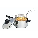 KitchenCraft Sartén grande para patatas fritas con cesta y tapa 20 cm, apta para inducción, acero inoxidable, plata