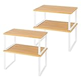 LIANTRAL Juego de 4 Estantes para Especias, Organizador de Mostrador Expandible, Estante de armarios Apilable, Estante de Almacenamiento de Cocina, Metal y Madera de Ingeniería, Natural/Blanco