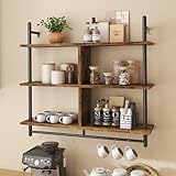 Bestier Estantería Flotante para Tubos Estantes de Cocina Montado en la Pared Escalera de 3 Niveles 106 CM Estante para Barra de Café Colgante con Tubo Circular, Sala de Estar Cocina, Marrón