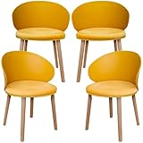 LEWE Pack de 4 Sillas de Comedor, Silla de Conferencia, Respaldo Curvado, Asiento Tapizado con Vellón Holandés, Silla con Reposabrazos, Respaldo Impermeable, Sillas de Cocina, Madera - [Amarillo]