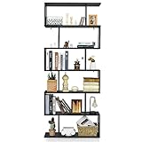 HOMASIS Librería de pie con 6 Niveles, Estantería de Oficina de Madera, Librería Multifuncional de Pared con diseño antivuelco, Estantería de Oficina en Forma de S, 80 x 23 x 191cm (Negro Puro)