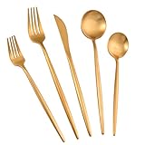Quilamix Juego de cubertería que incluye cuchillo, tenedor, cuchara, cubiertos de acero inoxidable pulido, apto para lavavajillas, regalo para padres y amigos (20 unidades, dorado)