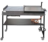 Barbacoa de Gas y Carbón Portátil con Plancha de Acero y Parrilla con Cincado Homologado | Asador Profesional de Doble Altura 1.450x1000x570 MMS | Incluye Paellero, Regulador y Manguera.