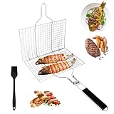 Cesta de Pescado, Cesta para Asar Pescado, Canasta de Parrilla de Barbacoa, Portátil Canasta Parrilla, Portátil Plegable, con Cepillo de Cocina, para Pescado, Verduras, Camarón, Carne (54 * 22cm)