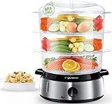 Aigostar Fitfoodie Steel - Vaporera eléctrica 800W, 9 L Vaporiera, 3 recipientes Independientes, Cuenco para Preparar arroz, timer 60 minuti, Livello Di Acqua Visibile, Libre de BPA