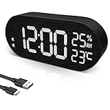 hinrey Despertador Digital LED, Reloj de Mesa con Doble Alarma, Fecha, Temperatura y Humedad, 7 Niveles de Brillo Ajustables para el Hogar, Dormitorio, Cuarto de Niños y Oficina - Negro