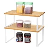 QIWODE Estante organizador expandible para gabinete, juego de 2 estantes de almacenamiento apilables para encimera de cocina, estante de despensa, estante de especias, metal y bambú