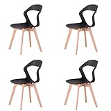 I LOVE FACE Juego de 4 sillas de comedor modernas de plástico con patas de madera de haya maciza, dormitorio, oficina, reunión, color negro