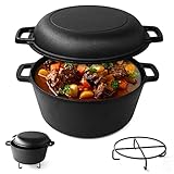 Joejis Dutch Oven de hierro fundido presazonada de 4,7 l con tapa olla horno multiuso de 1,75 l, para horno y vitrocerámica horno holandes 2 en 1 para pan, estofado a fuego lento y más