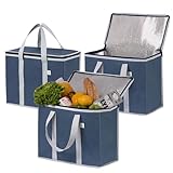 VENO Pack de 3 Bolsas de Comestibles Reutilizables Aisladas con Fondo de Cartón, Entrega de Alimentos, Resistente, Grande, Soportes Verticales, Plegables（Azul Oscuro,Pack de 3）