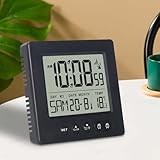 Delamiya Despertador digital con termómetro y calendario, luz, temperatura, radio, semana, indicador de fecha, dos alarmas independientes, ajuste automático, hora de verano/invierno, color negro