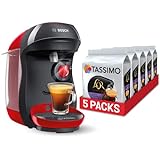 Bosch Hogar TAS1003 TASSIMO Happy Cafetera de cápsulas, 1400 W, color rojo y negro y TASSIMO L'Or Café Lungo Profondo - 5 paquetes de 16 cápsulas: Total 80 unidades