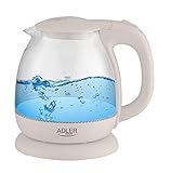 Adler AD1283C Hervidor de Agua Eléctrico de Cristal 1 Litro, Vidrio sin BPA, Retroiluminado, Apagado Automático, Inalámbrico 360º sin Cable, 1100W