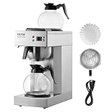 VEVOR Cafetera de Goteo Comercial de 12 Tazas Cafetera con 2 Jarras de Vidrio 1,8 L y 2 Placas Calentadoras Cafetera de Acero Inoxidable para Restaurante, Oficina, Cafetería, 205 x 405 x 455 mm
