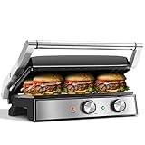 Aigostar Parrilla Eléctrica, Grill, Sandwicheras, Panini, 2000W. Revestimiento Antiadherente de Cerámica, Temporizador de 30min, Apertura 180º, Superficie 29 x 23 cm, Temperatura Regulable. Roast