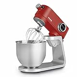 H.Koenig Robot de cocina multifunción 5L KM124 en acero INOX Rojo, Robot pastelero, 8 velocidades, Batidor, Mezclador, Gancho Amasador, Tapa anti-salpicamiento, Potente 800 W