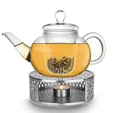 Creano Tetera de cristal de 1,2 l + un calentador de acero inoxidable – Tetera de cristal con colador de cristal y tapa – ideal para preparar té suelto – 100% sin goteo