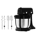 Tefal QB1108 Oh My Cake Robot de cocina, 300 W, agitador satélite, cuenco de acero inoxidable de 4 L, tamaño compacto, 5 velocidades, incluye 2 batidores y 2 ganchos para amasar, color negro