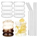 Withosent 300ml Vasos de Cristal Agua con Pajita, 4pcs Vasos de Cristal Ondulados Estilo Vintage, Juego de Vasos Agua para Café, Yogur, Soda, Cocktail, Cerveza, Batidos, Whisky