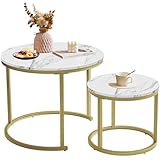IBUYKE Mesa Redonda anidable, Juego de 2 mesas auxiliares extraíbles, Mesa Auxiliar apilable para sofá, Sala de Estar, Dormitorio, Oficina, balcón, apartamento, Blanco y Dorado TMJ062G