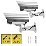 TIMESETL Camara Vigilancia Falsa 2Pcs Cámara Simulada de Seguridad con LED Rojo Parpadeante Cámara de Seguridad Falsa con Soporte de Pared- Camara Vigilancia Falsa Exterior Interior, ‎Plata