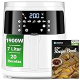 Aigostar White Cube - Freidora de aire 7L 1900W, freidora sin aceite 5 en 1, 7 funciones preestablecidas con pantalla LED, cesta antiadherente extraíble, mantenimiento del calor, 20 recetas sin BPA