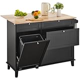 VEVOR Carrito de Cocina con Isla, Barra de Desayuno de Madera con Gabinete para Basura, Inclinable, Mesa Comedor Estilo Granja con Hojas Abatibles, Barra para Toallas, Cajón, Negro 1280 x 740 x 930 mm