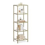 VASAGLE EstanterÍa de Cristal de 5 Niveles, LibrerÍa, Expositor, Cristal templado, FÁcil de Montar, para BaÑo, SalÓn, Dormitorio, Oficina, Dorado LGT029A01