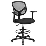 SONGMICS Silla de Malla Giratoria, Altura y Reposapiés Regulables, Silla de Dibujo Ergonómica, Silla de Oficina con Reposabrazos, Asiento de Tela, Carga máxima de 120 kg, Negro OBN25BK